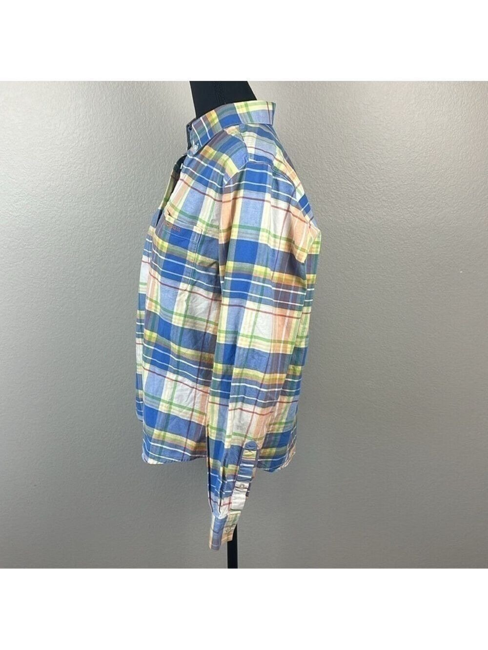 Rockies Cotton Shirt Button-Down Yellow/Blue Plaid Long Sleeve Rounded Hem Top - Picture 5 of 12